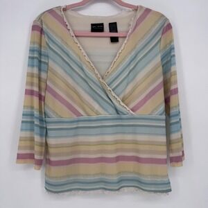 Axcess Vintage Pastel Rainbow Striped Top 3/4 Sleeve V-Neck Ruffle Y2K Fairy L